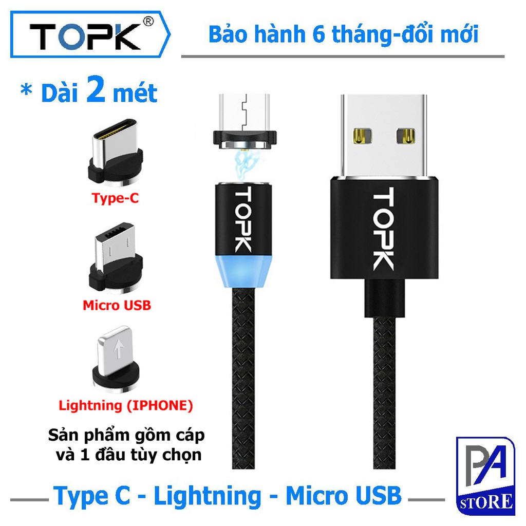 Cáp Sạc Nam Châm TOPK Siêu Phong Cách, Dài 2 mét, Đầu Thẳng (Iphone Lightning, Micro USB, USB Type C)