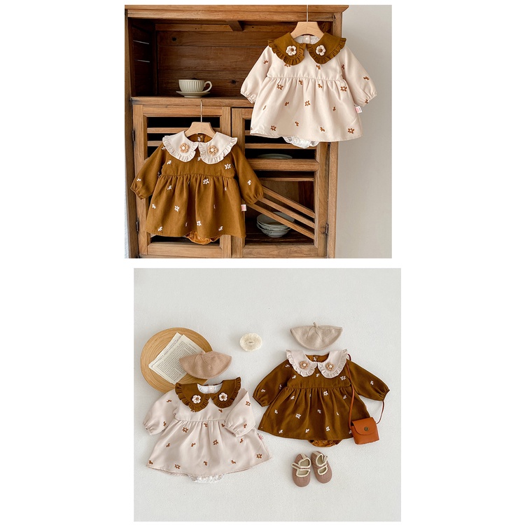 Đầm Công Chúa DZN2 Tay Dài Cổ Búp Bê Thêu Họa Tiết Phong Cách Hàn Quốc Thời Trang Mùa Thu Cho Bé Gái