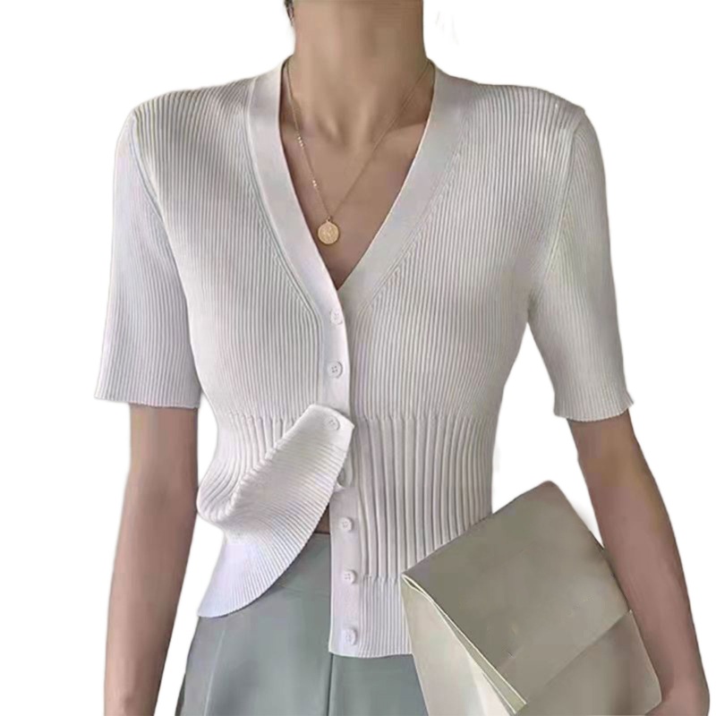 Áo Croptop Dệt Kim Ngắn Tay Cổ Chữ V Phối Nút Gợi Cảm Cho Nữ