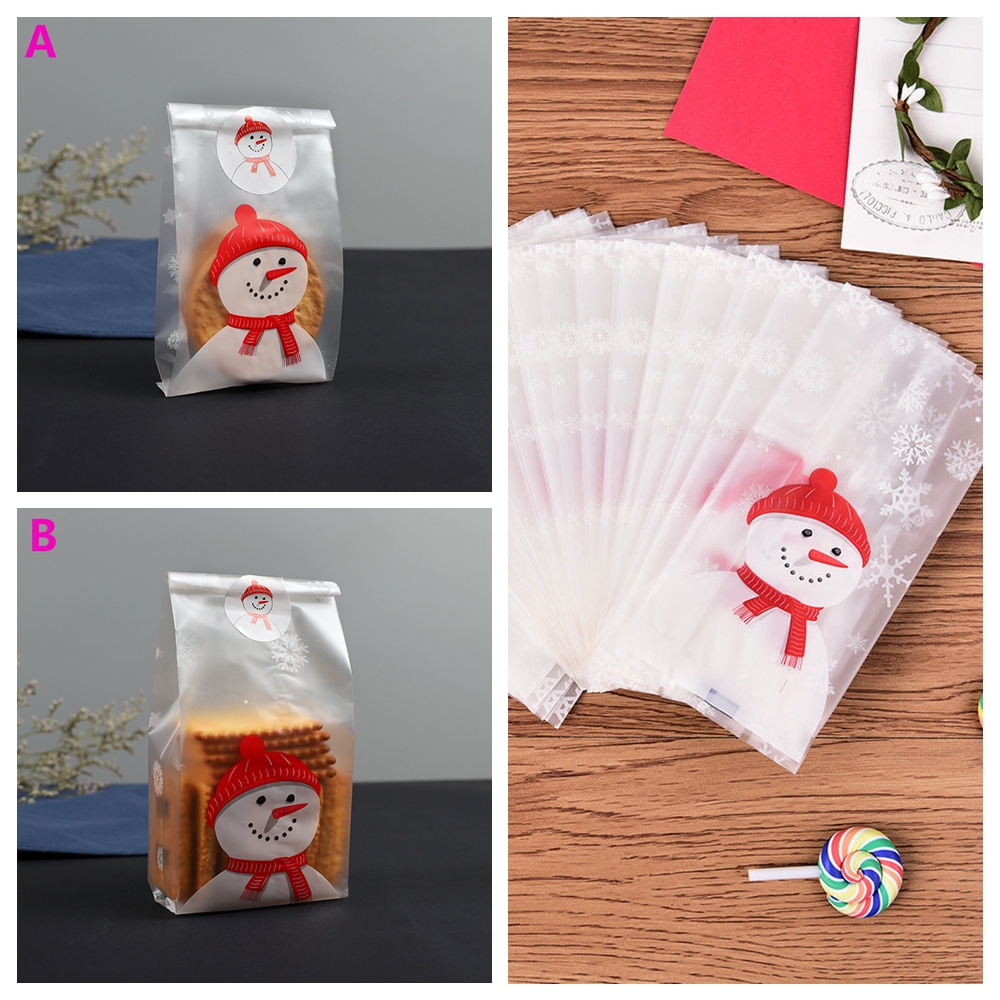 Set 50 Túi Nhựa Đựng Kẹo Giáng Sinh Tự Dính Hình Người Tuyết Dễ Thương Cho Trẻ Em