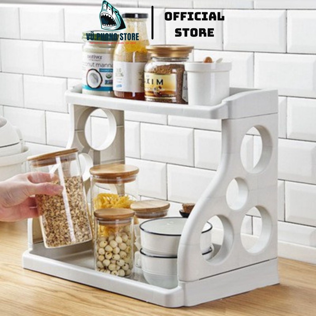 Kệ đựng gia vị nhà bếp 2 tầng thông minh, kệ để đồ đa năng có khe cài dao bằng nhựa PP cao cấp - Vũ Phong Store