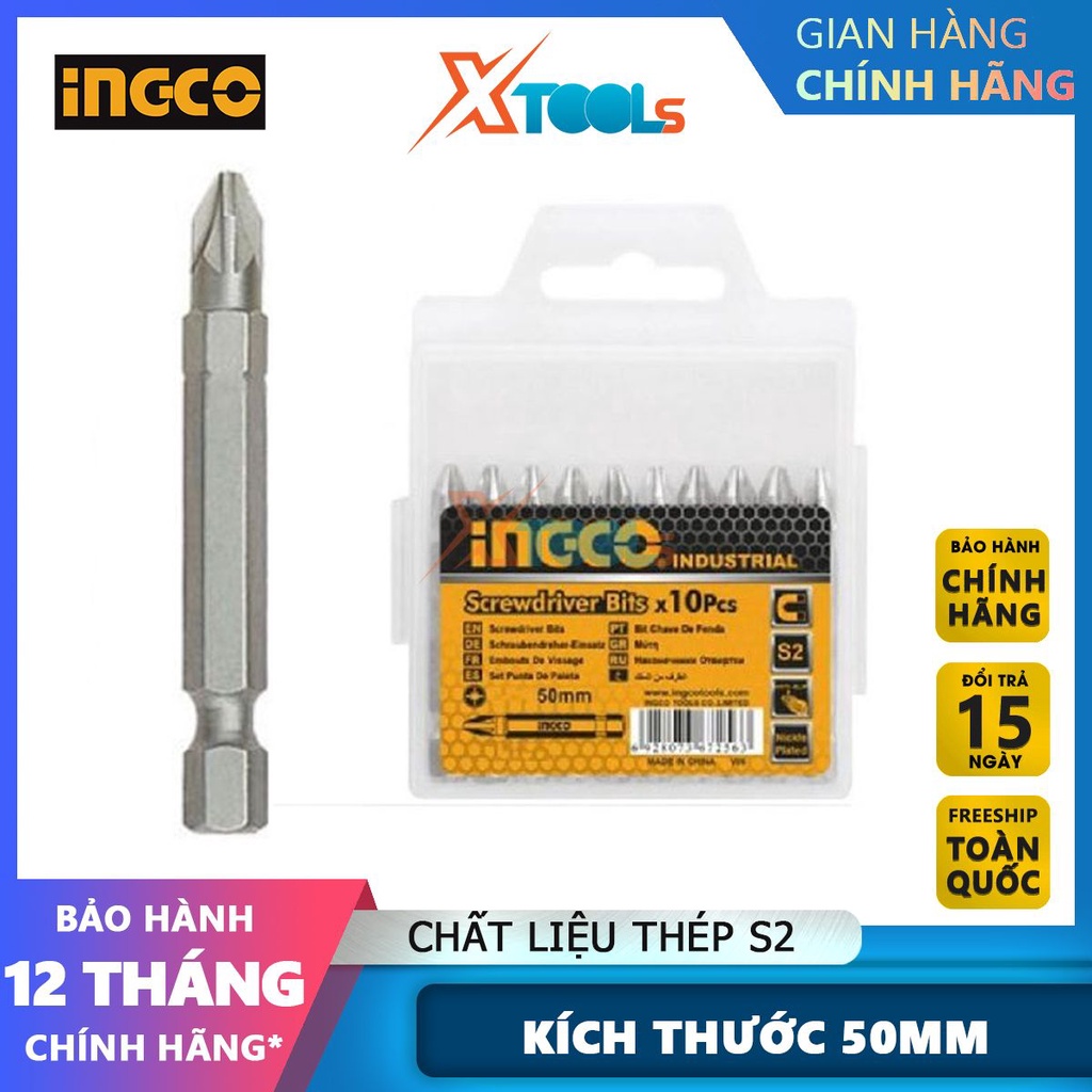 Bộ 10 đầu bắn vít bake INGCO PH1/2/3x50mm Ingco thép công nghiệp mạ niken, mũi vít bake nhiều size [CHÍNH HÃNG][XTOOLS]
