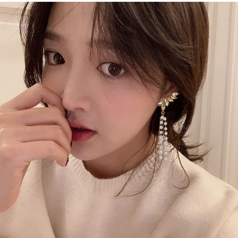 Khuyên Tai Bạc 925 Dáng Dài Hình Cánh Đính Đá Pha Lê Thời Trang Phong Cách Hàn Quốc Cho Nữ