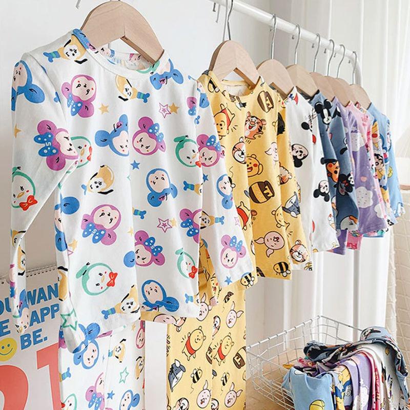 Bộ Đồ Ngủ 2 Món Vải Cotton Thoáng Khí In Hoạt Hình Kèm Quần Dài Dành Cho Bé