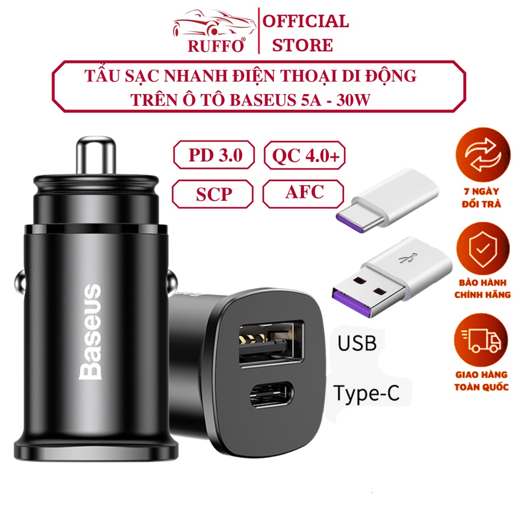 Tẩu Sạc Nhanh Điện Thoại Trên Ô Tô Baseus QualComm 4.0 Có Đèn Led - Tẩu Sạc Nhanh Xe Hơi Ruffo 2 Cổng Type C và USB