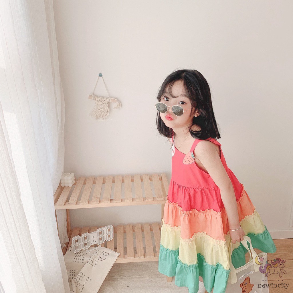 Đầm không tay thiết kế phối màu cầu vồng hoạt hình thời trang Hàn Quốc cho bé gái