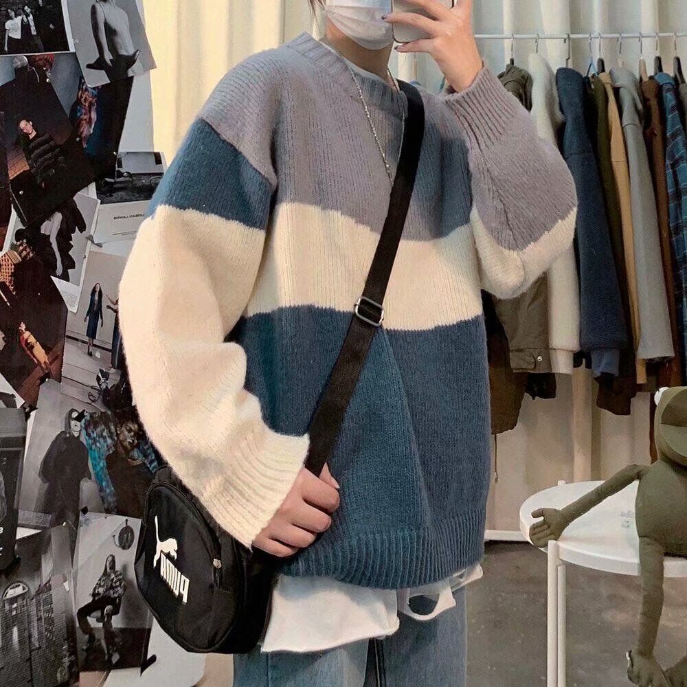 Áo sweater cổ tròn phối màu độc đáo phong cách Hàn Quốc thời trang mùa thu đông dành cho nam và nữ