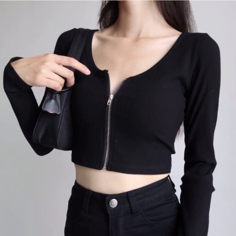 Áo thun cổ vuông body dài tay croptop khóa giữa sang chảnh