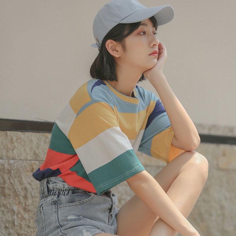 Áo thun IELGY ngắn tay dáng suông kẻ sọc màu cầu vồng phong cách Hàn Quốc cho nữ