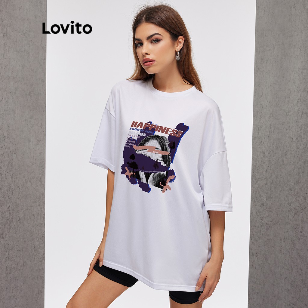 Lovito Hình bình thường và chữ cái Hình trừu tượng Định vị In áo phông quá khổ L03A012 (Trắng)