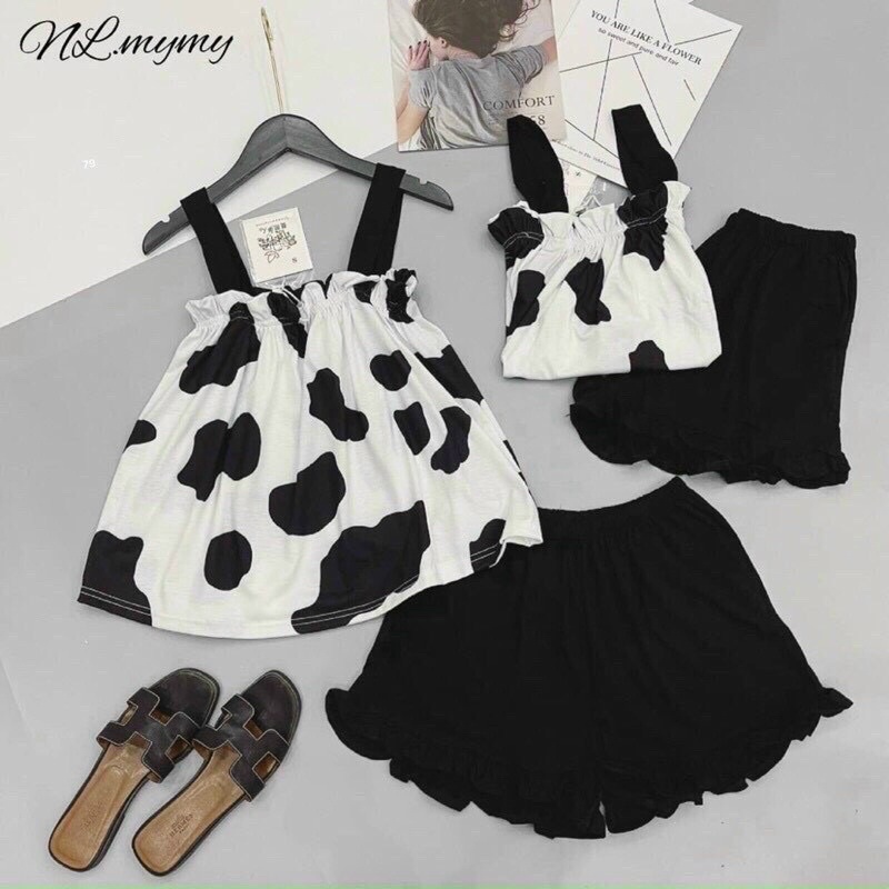 Set ngủ bò sữa áo 2 dây babydoll phối quần đùi bèo - S0N