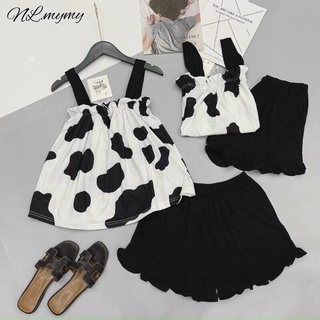 Set ngủ bò sữa áo 2 dây babydoll phối quần đùi bèo - S0N