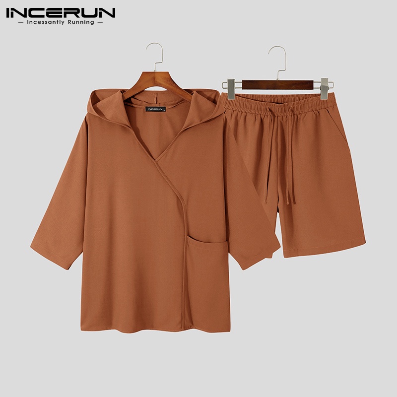Set áo hoodie ngắn tay và quần short dáng rộng INCERUN phong cách thời trang cho nam 3 màu lựa chọn