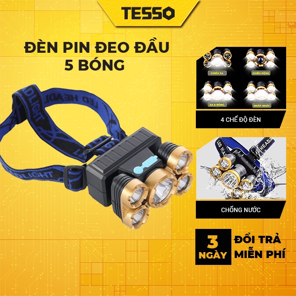 Đèn Đeo Đầu 5 Bóng Siêu Sáng 4 Chế Độ Chiếu Xa, Rộng, Nháy Đèn, Đèn Pin Đội Đầu Chống Nước Tiện Dụng