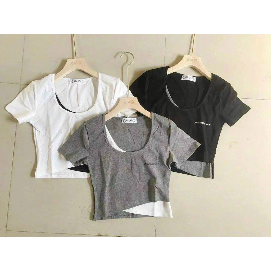 Áo Croptop tay ngắn vạt áo chéo phối màu cách điệu đẹp ( ảnh thật 100% )