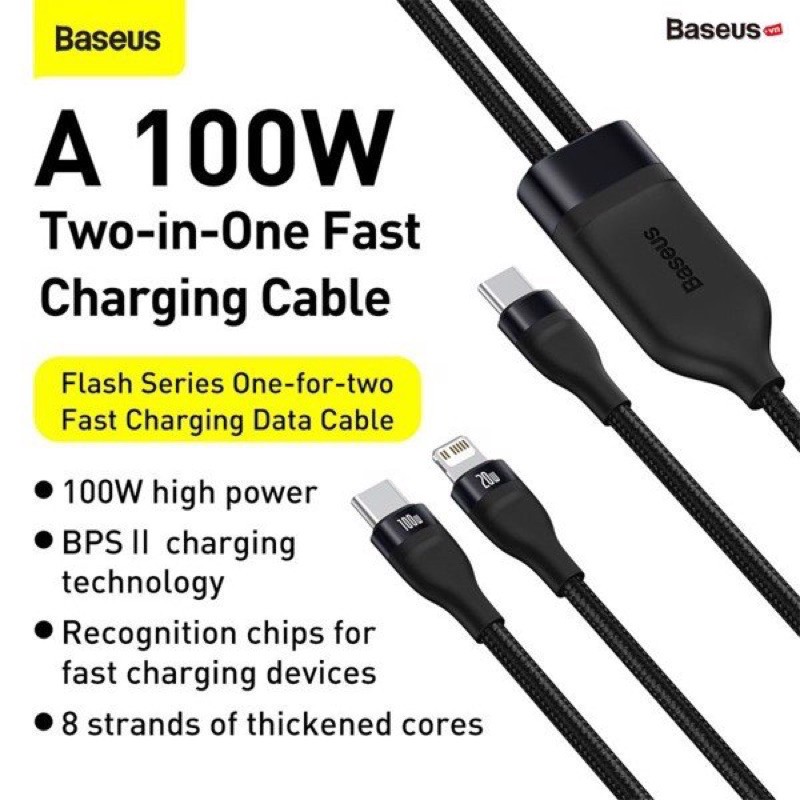 Cáp sạc nhanh 100W Type C to & Type C Baseus Flash Series One-for-two Fast Charging Data Cable Type-C to L+C
