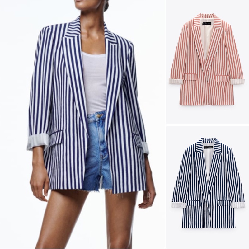 Áo Khoác Blazer Zara 22 Họa Tiết Kẻ Sọc Có Túi Trang Trí Thời Trang Mùa Hè7560825