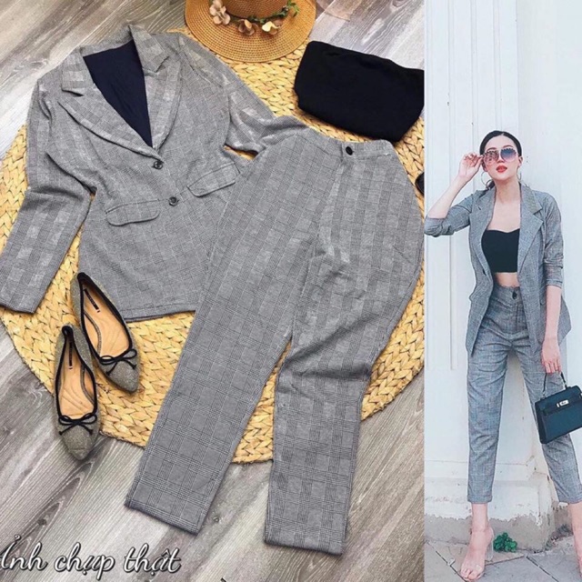 Set vest dài tay kẻ dáng dài