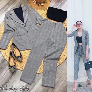 Set vest dài tay kẻ dáng dài