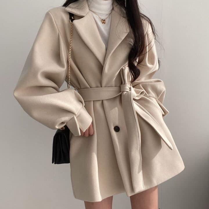 Áo dạ tay bồng thắt đai
