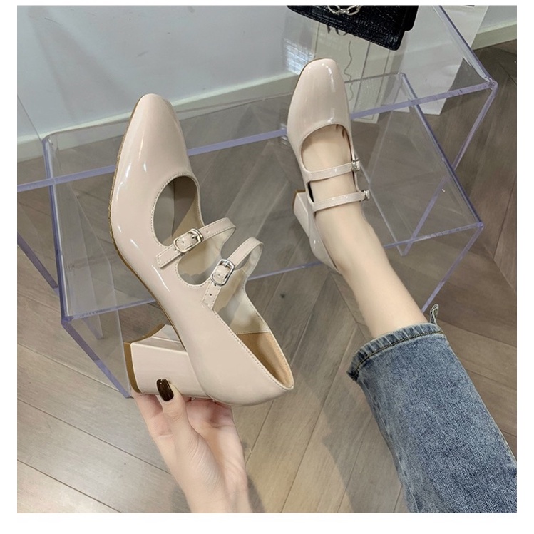 Giày búp bê da bóng cao gót đế vuông 7cm