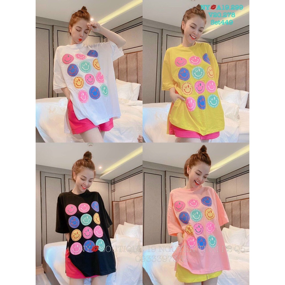 Set bộ thun nữ áo hình mặt cười + quần legging lửng