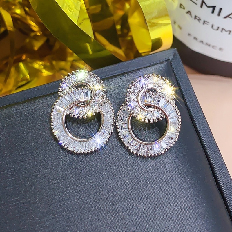 Bông Tai Mạ Bạc 925 Hình Tròn Đính Đá Zircon Thời Trang Dành Cho Nữ