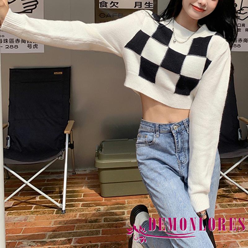 Áo croptop chui đầu tay dài cổ tròn họa tiết kẻ sọc caro thời trang cho nữ