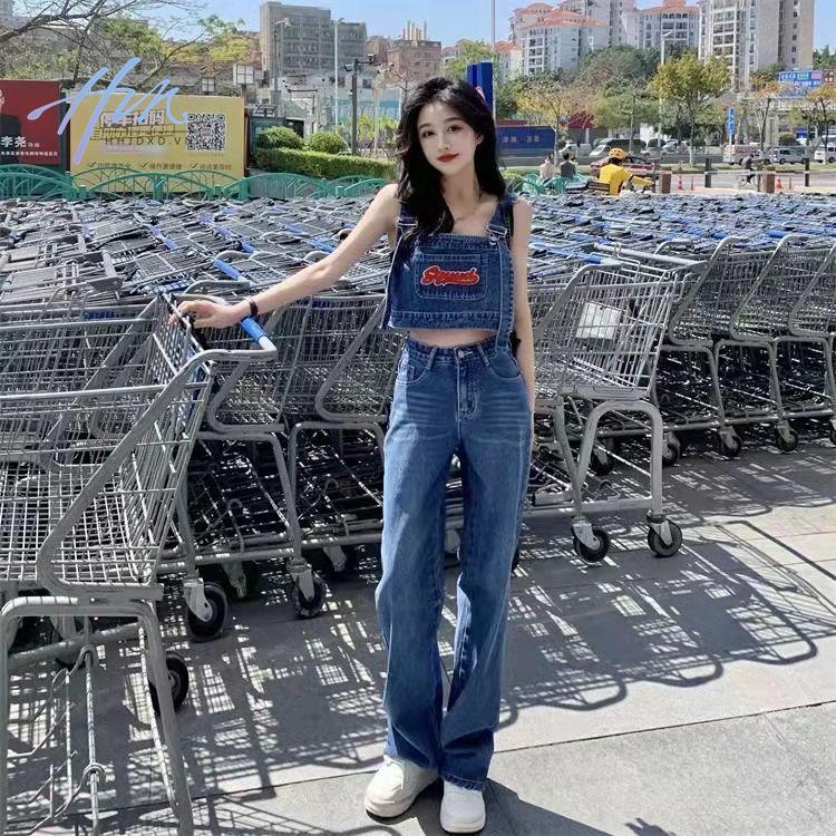 Set Áo Thun Ngắn Tay Cổ Tròn + Quần Yếm Denim Ống Rộng Xẻ Tà Thời Trang Mùa Hè Mới