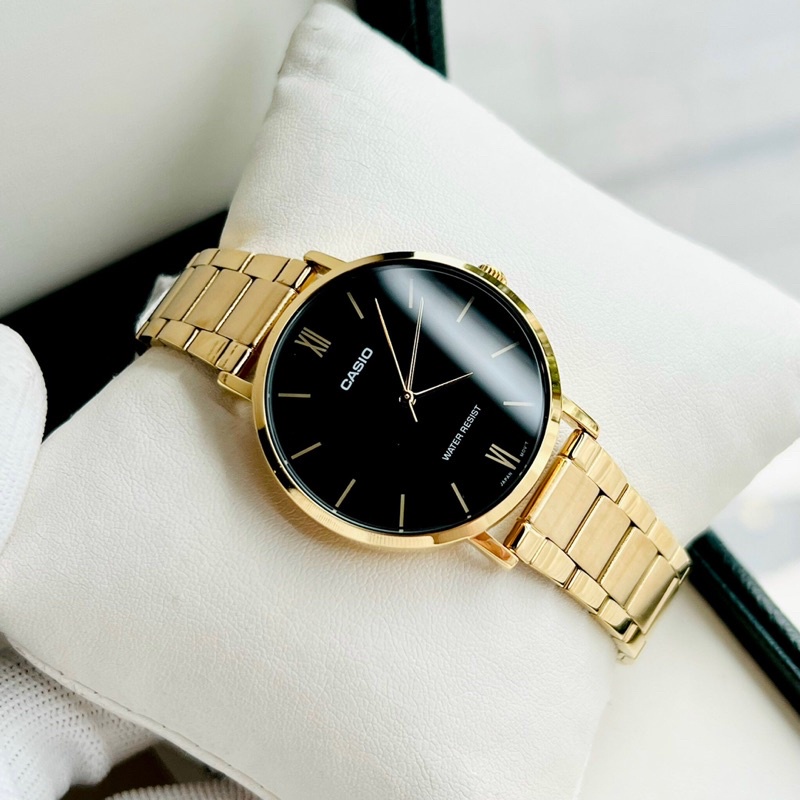 Đồng hồ Nam Casio MTP-VT01G-1B, đồng hồ chính hãng, dây vàng mặt đen