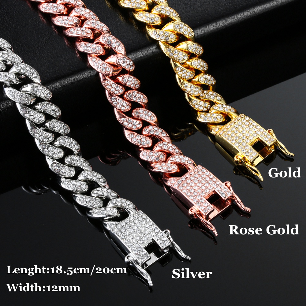 Vòng tay mạ vàng kim 14K đính đá kim cương lấp lánh rộng 12mm phong cách hip hop thời trang cho nam | BigBuy360 - bigbuy360.vn