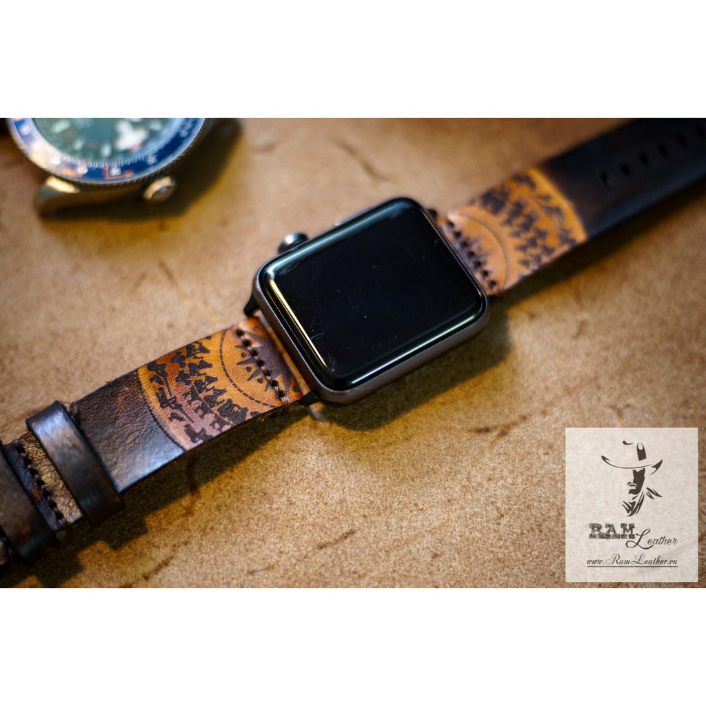 Dây apple watch da bò vegtan Italia màu socola Trống Đồng Việt Nam RAM Leather Simple