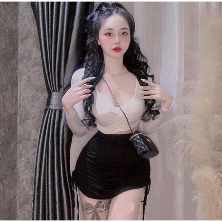 Áo croptop nhún ngực tay dài phối nút chất thun Lụa mềm mịn Cam Kết Hàng Y Hình Kèm Ảnh Thật Chính Chủ