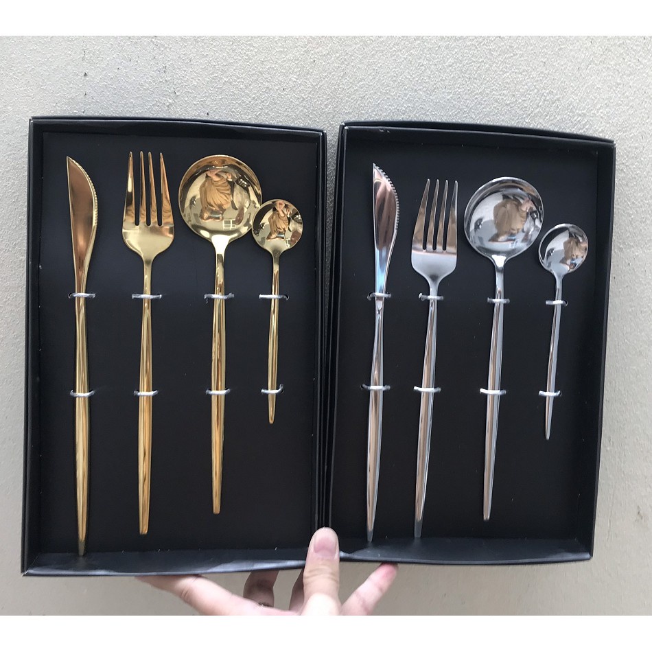 Thìa,  dĩa, dao phong cách Bắc Âu cao cấp sản phẩm băng inox mạ titan k rỉ, bền đẹp 4 chi tiết
