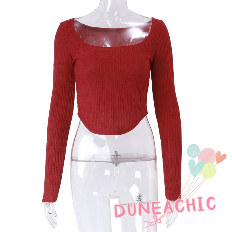 DUNEA Áo Thun Dài Tay Cổ Vuông Màu Trơn Thời Trang Dành Cho Nữ