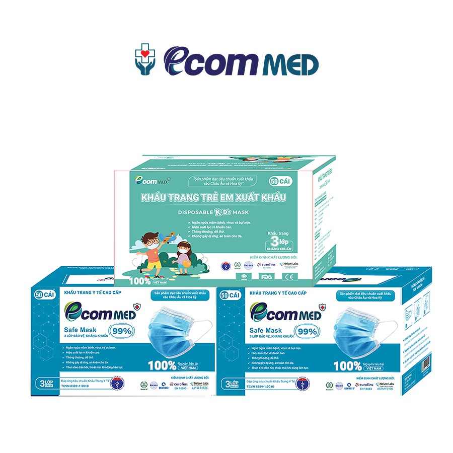 Combo 3 Hộp Khẩu Trang Y tế EcomMed 3 lớp (2 người lớn 1 trẻ em hộp 50 cái) - Thông Thoáng Không Đau Tai