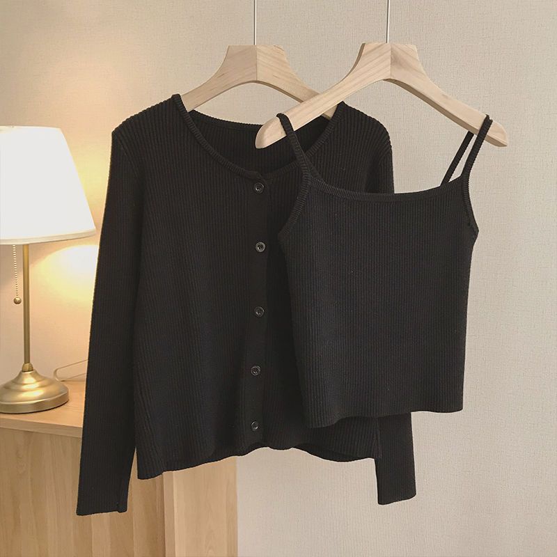 Suspender vest + knitted cardigan women's 2022 new skinny fashion suit autumn blouse