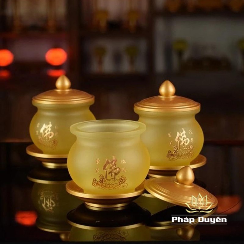 Chén Thờ Lưu Ly Chân Đồng Màu Vàng Chữ Phật - Nhiều Kích Cỡ