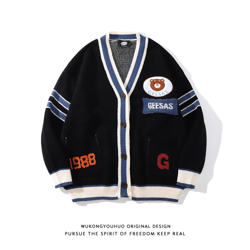 Áo khoác cardigan len dệt kim dáng rộng họa tiết gấu hoạt hình phong cách Nhật Bản retro thời trang cho cặp đôi