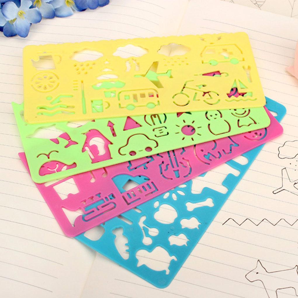 (runbu) Gói 4 Thước Khuôn Vẽ Biểu Tượng Đồ Họa Khoét Rỗng Mẫu Ngẫu Nhiên Cho Trẻ Em