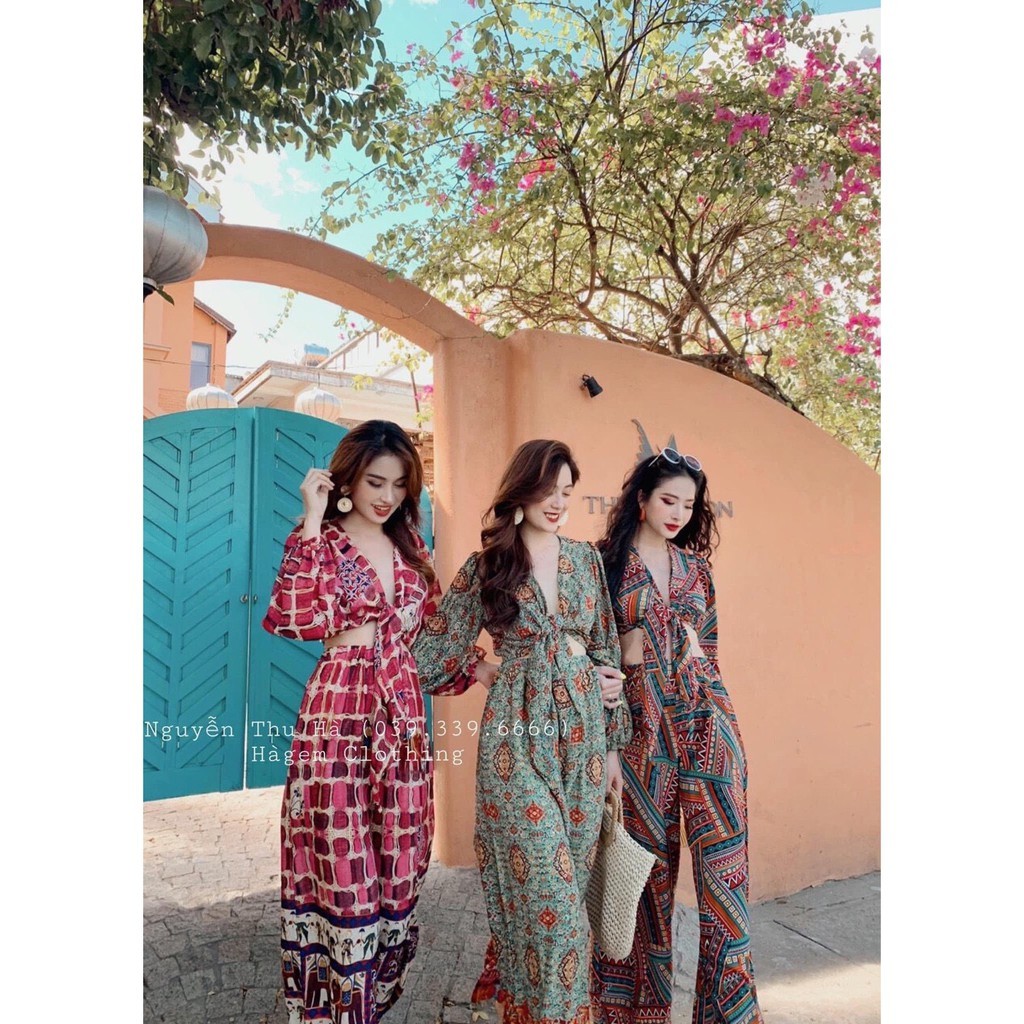 SALE  [ Hàng Shop] Set Boho Thổ Cẩm Áo Croptop Tay Dài Cổ V Cột Nơ Ngực + Quần Dài Ống Suông Rộng [ Ảnh thật ]