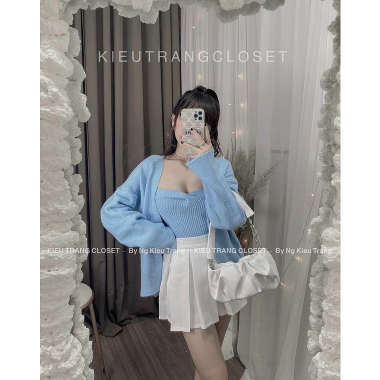 Set áo len lông thỏ áo 2 dây kèm áo khoác trơn màu quảng châu đẹp CS185