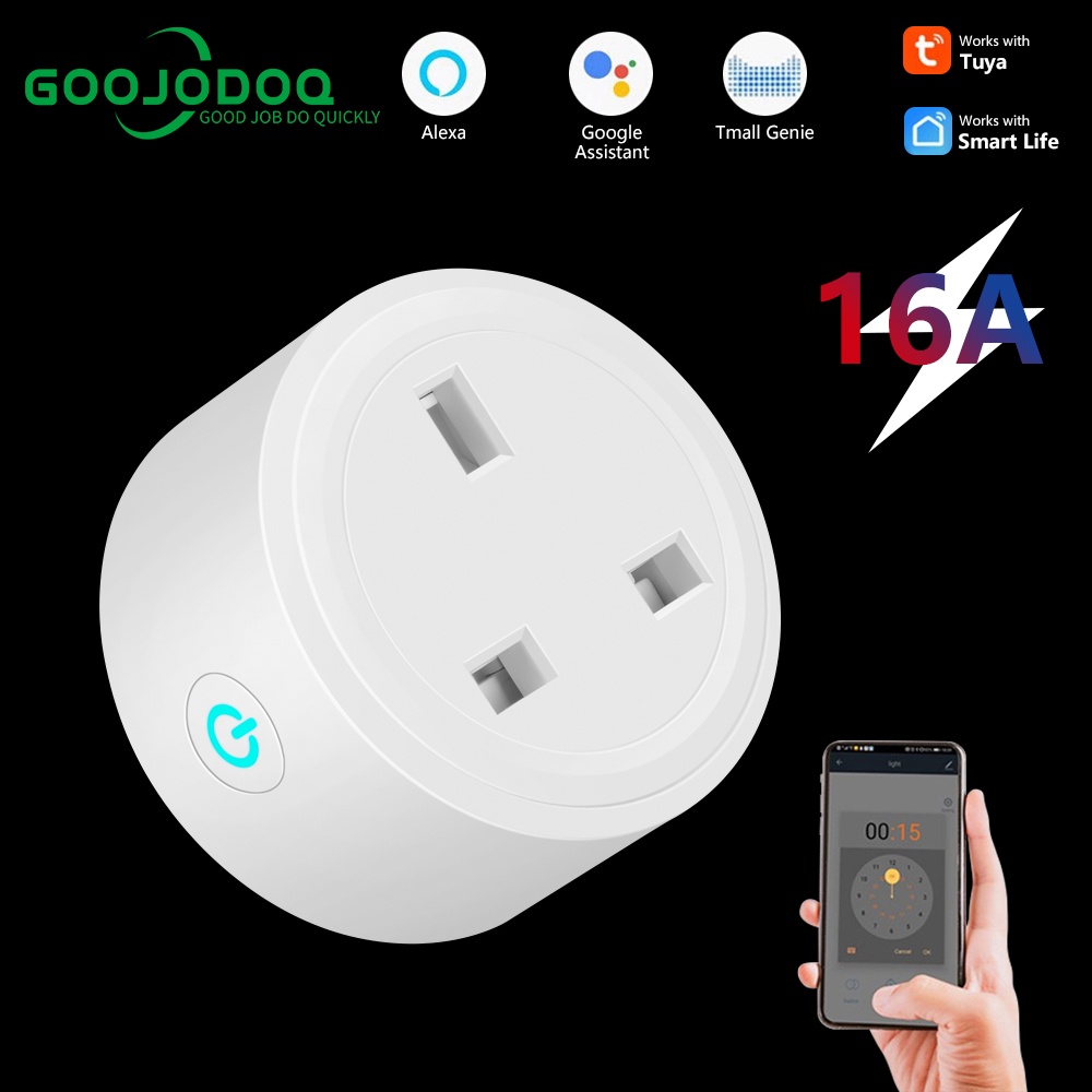 Ổ cắm điện Goojodoq 16A wifi thông minh đầu ra US UK EU dùng ở Thái và Philippin ứng dụng Tuya cho trợ lý Alexa Google