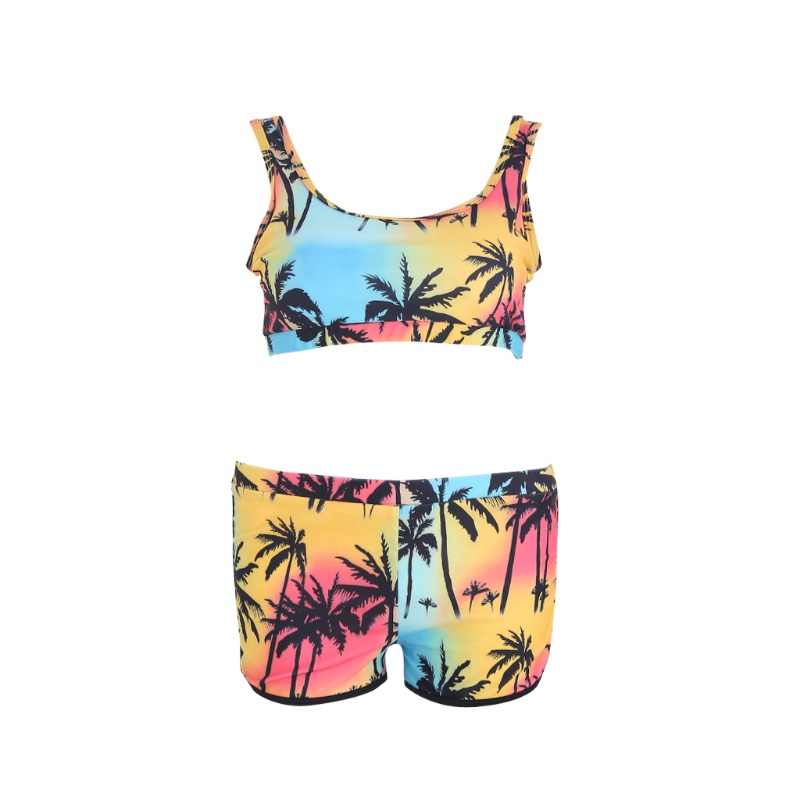 Bộ Đồ Bơi Áo Croptop In Họa Tiết Cây Dừa + Quần Short Lưng Cao Thời Trang Quyến Rũ Cho Nữ