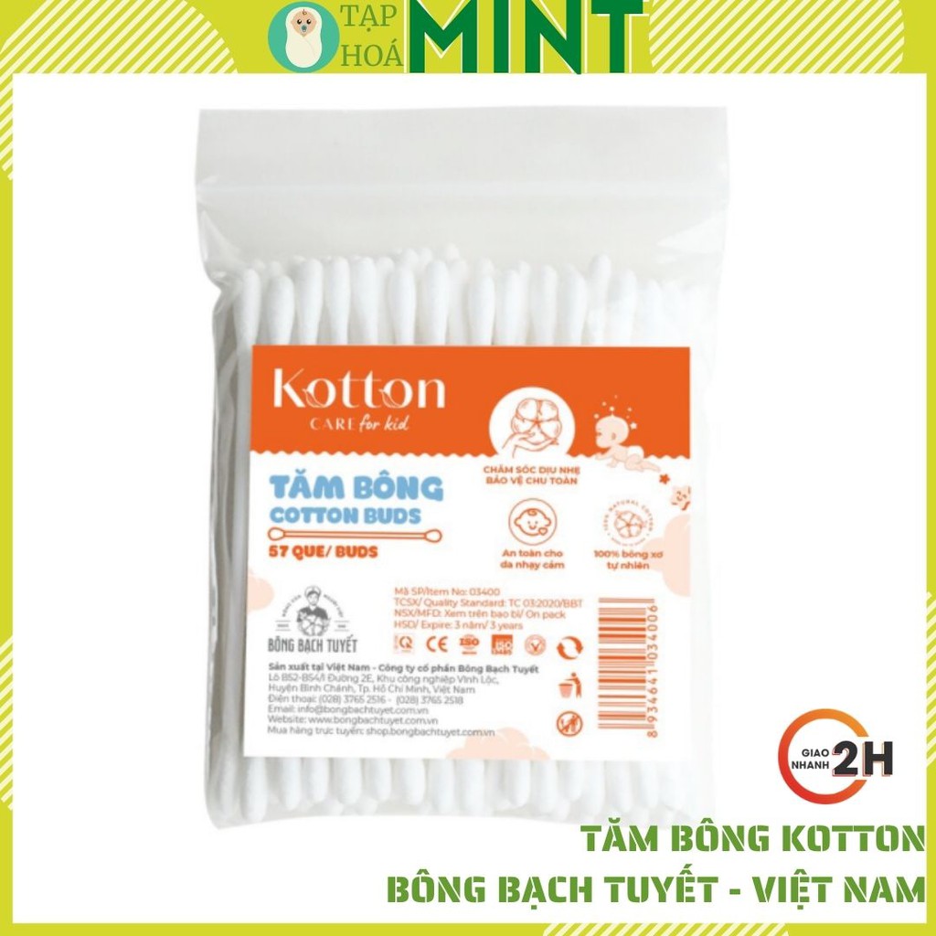 Tăm bông cho bé đầu nhỏ Kotton care for kid - Túi 57 que - Tạp hoá mint