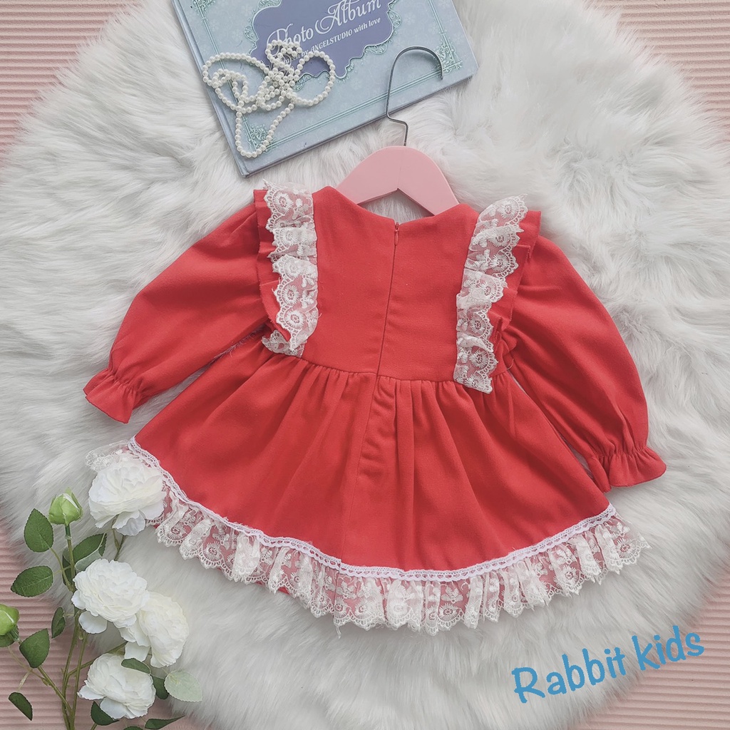 Váy Tết Cho Bé Gái FREESHIP Rabbit Kids - Đầm Dài Tay Trẻ Em – Váy Thu Đông Nhung Đỏ Phối Ren Kính Trắng