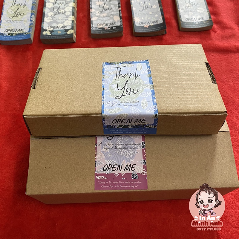 Tem dán sticker thank you, open me, tem niêm phong cute dán vintage trên hộp carton, túi giấy kraft đựng quà DCD01