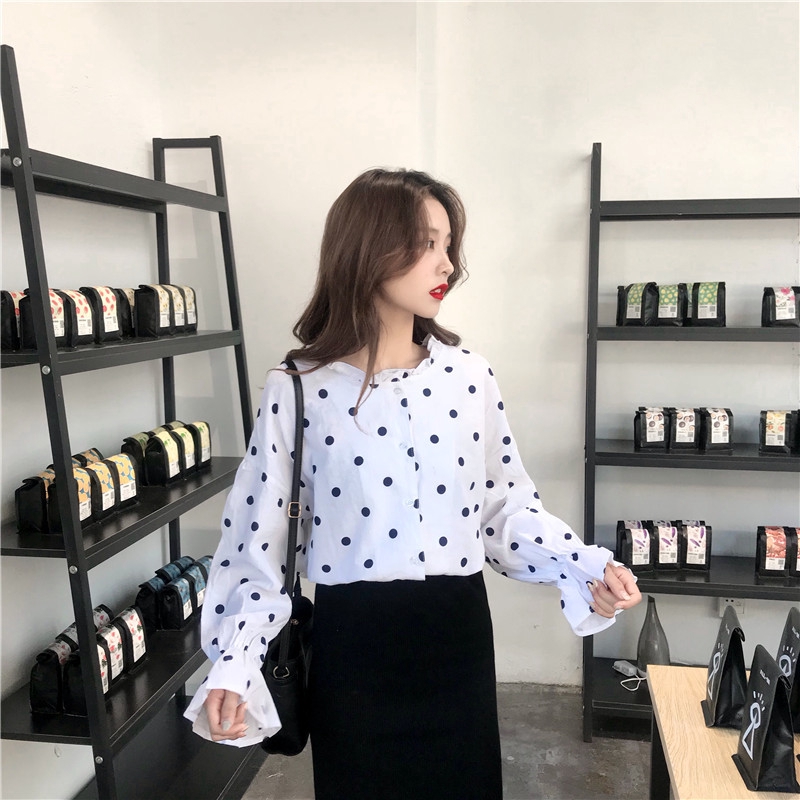 New Fashion Women Long-sleeved Shirt Korean Loose Polka Dot Lantern Sleeve Bottoming Shirt