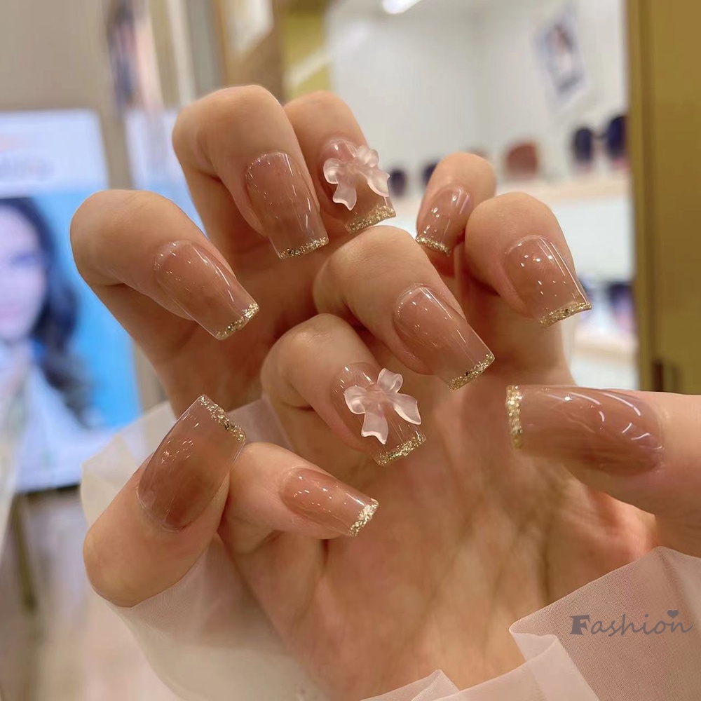 Bộ 24 Móng Tay Giả 3D Trang Trí Nơ Lấp Lánh Có Thể Đeo Ngón Tay Thời Trang Cho Nữ
