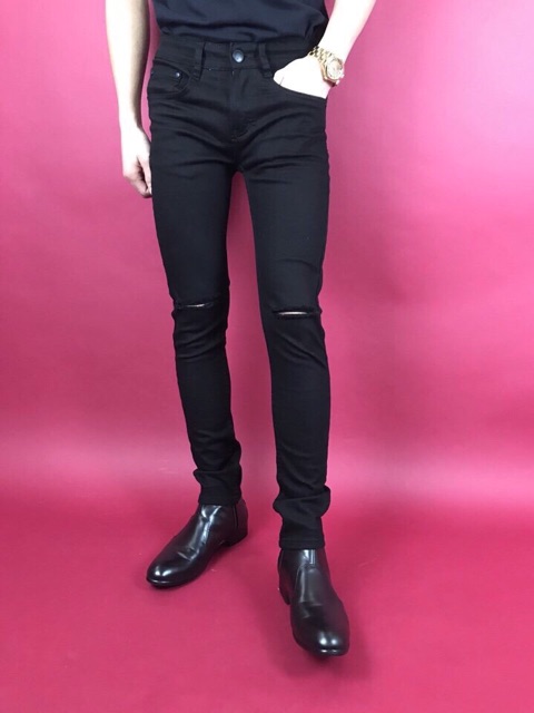 Quần jean đen skinny rách gối